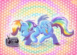 Size: 1754x1240 | Tagged: safe, artist:avui, derpibooru import, rainbow dash, pegasus, pony, crush 40, cute, dancing, dashabetes, eyes closed, female, image, inktober 2020, jpeg, mare, music, open mouth, radio, smiling, solo, spread wings, sweet dreams fuel, wings