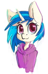 Size: 490x749 | Tagged: safe, artist:laptopdj, derpibooru import, vinyl scratch, pony, unicorn, bust, clothes, female, hoodie, image, looking at you, mare, png, simple background, smiling, solo, white background