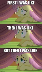 Size: 500x843 | Tagged: safe, derpibooru import, edit, edited screencap, screencap, fluttershy, pegasus, pony, scare master, at first i was like but then i was like, caption, comic, exploitable meme, female, gritted teeth, image, image macro, jpeg, mare, meme, scared, screencap comic, solo, text, under the bed