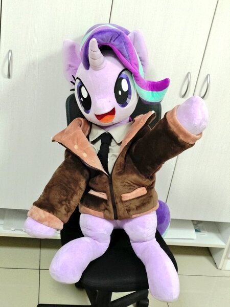 Size: 768x1024 | Tagged: safe, artist:nekokevin, derpibooru import, starlight glimmer, pony, unicorn, series:nekokevin's glimmy, clothes, female, image, irl, jacket, jpeg, life size, looking at you, mare, necktie, open mouth, photo, plushie, raised hoof, shirt, sitting, smiling, solo, underhoof, waving