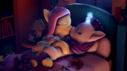 Size: 3840x2160 | Tagged: safe, artist:psfmer, derpibooru import, fluttershy, rarity, pegasus, unicorn, 3d, bed, commission, female, flarity, flower, fluttershy's cottage (interior), glowing horn, horn, image, kissing, lamp, lesbian, night, nose wrinkle, nuzzling, picture frame, png, rose, shipping, source filmmaker