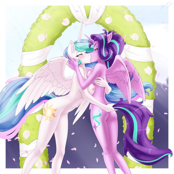 Size: 2560x2560 | Tagged: questionable, alternate version, artist:slackerburst, derpibooru import, princess celestia, starlight glimmer, alicorn, anthro, alicornified, asymmetrical docking, blushing, breasts, busty princess celestia, busty starlight glimmer, commission, female, image, kissing, lesbian, nipples, nudity, png, race swap, shipping, starlestia, starlicorn, xk-class end-of-the-world scenario