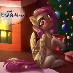 Size: 900x900 | Tagged: safe, artist:nika-rain, artist:sadelinav, derpibooru import, oc, oc:fritzy, unofficial characters only, pegasus, pony, christmas, christmas tree, dock, fire, fireplace, holiday, image, jpeg, not fluttershy, present, solo, tree