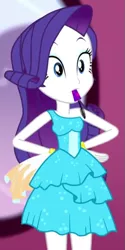 Size: 353x706 | Tagged: safe, derpibooru import, screencap, rarity, eqg summertime shorts, equestria girls, make up shake up, cropped, cute, fall formal outfits, image, mouth hold, png, raribetes, solo