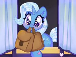 Size: 4000x3000 | Tagged: safe, artist:bunxl, derpibooru import, trixie, pony, unicorn, to where and back again, bag, big eyes, blushing, bunxl is trying to murder us, cute, diatrixes, female, happy, heart eyes, hnnng, horn, image, mare, mouth hold, nom, png, saddle bag, scene interpretation, solo, starry eyes, to saddlebags and back again, trixie's wagon, weapons-grade cute, wingding eyes