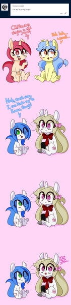 Size: 1500x6380 | Tagged: safe, artist:fullmetalpikmin, derpibooru import, oc, oc:cherry blossom, oc:mal, oc:poppy seed, oc:viewing pleasure, tumblr:ask viewing pleasure, amputee, ask, blushing, dialogue, frog (hoof), image, looking at you, png, simple background, sitting, underhoof