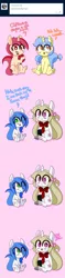 Size: 1500x6380 | Tagged: safe, artist:fullmetalpikmin, derpibooru import, oc, oc:cherry blossom, oc:mal, oc:poppy seed, oc:viewing pleasure, tumblr:ask viewing pleasure, amputee, ask, blushing, dialogue, frog (hoof), image, looking at you, png, simple background, sitting, underhoof
