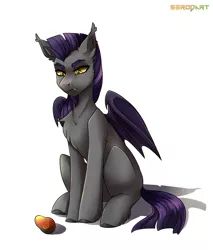 Size: 1700x2000 | Tagged: source needed, safe, artist:serodart, derpibooru import, oc, bat pony, pony, bat pony oc, bat wings, commission, food, image, male, mango, png, sitting, solo, wings