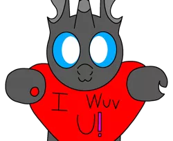 Size: 1200x980 | Tagged: safe, artist:theunidentifiedchangeling, derpibooru import, oc, oc:[unidentified], unofficial characters only, changeling, :3, blue eyes, cute, cuteling, digital art, exclamation point, heart, holding, i love you, image, male, owo, png, simple background, solo, transparent background