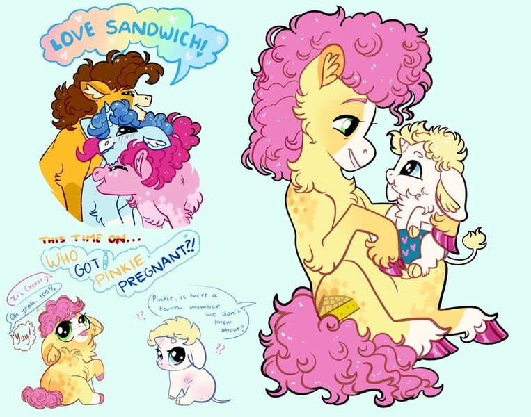 Size: 1024x805 | Tagged: safe, artist:loryska, derpibooru import, cheese sandwich, li'l cheese, party favor, pinkie pie, oc, oc:linzer torte, earth pony, pony, unicorn, the last problem, baby, baby pony, bisexual, brothers, chest fluff, cloven hooves, colored hooves, colt, ear fluff, female, gay, green background, image, jpeg, leonine tail, male, mare, offspring, ot3, parent:cheese sandwich, parent:party favor, parent:pinkie pie, parents:cheesepie, parents:partypie, party trio, partycheesepie, polyamory, shipping, siblings, simple background, speech bubble, stallion, story included, straight, unshorn fetlocks