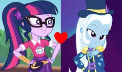 Size: 1003x588 | Tagged: safe, derpibooru import, edit, edited screencap, screencap, sci-twi, trixie, twilight sparkle, equestria girls, equestria girls series, spring breakdown, sunset's backstage pass!, spoiler:eqg series (season 2), female, image, lesbian, png, sci-twixie, shipping, shipping domino, twixie