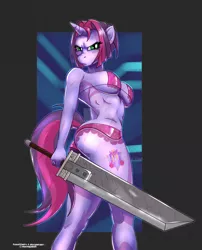 Size: 1280x1586 | Tagged: suggestive, artist:mazinga669, derpibooru import, oc, unofficial characters only, anthro, unicorn, armpits, ass, belly button, blushing, bra, breasts, buster sword, butt, clothes, cutie mark, deviantart watermark, digital art, female, horn, image, jpeg, looking at you, obtrusive watermark, panties, sideboob, simple background, solo, solo female, sword, tail, thighs, unamused, underwear, watermark, weapon, wide hips