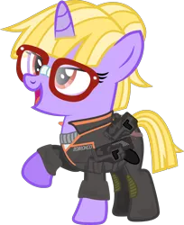 Size: 2853x3490 | Tagged: safe, artist:stormy_weather, derpibooru import, oc, oc:tinker belle, pony, unicorn, fallout equestria, clothes, female, filly, glasses, holster, image, jumpsuit, nerd, plasma pistol, png, robronco jumpsuit, taped glasses