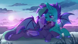 Size: 4431x2500 | Tagged: safe, artist:ls_skylight, derpibooru import, oc, oc:midnight mist, oc:sugar spirits, unofficial characters only, bat pony, pony, bat pony oc, bat wings, beach, image, png, sunset, together, wings