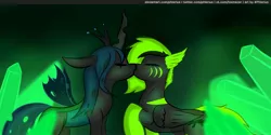 Size: 4000x2000 | Tagged: safe, artist:phlerius, derpibooru import, queen chrysalis, oc, changeling, changeling queen, pegasus, pony, cave, couple, crystal, digital art, female, image, jpeg, kissing, love, shipping