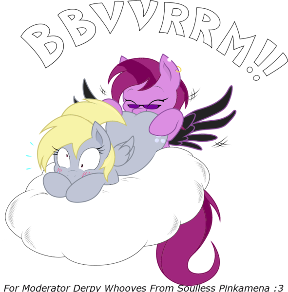 Size: 800x812 | Tagged: questionable, artist:bednarowski, artist:joey darkmeat, derpibooru import, edit, editor:soulless pinkamena, vector edit, derpy hooves, oc, oc:soulless pinkamena, derpy hooves gets all the stallions, image, moderator, motorboating, motorbutt, png, recolor, simple background, transparent background, vector