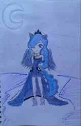 Size: 1037x1616 | Tagged: safe, artist:amyrosexshadowlover, derpibooru import, princess luna, human, clothes, crescent moon, dress, female, high heels, humanized, image, jewelry, jpeg, moon, outdoors, shoes, smiling, solo, tiara, traditional art, winged humanization, wings