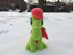 Size: 3264x2448 | Tagged: safe, artist:topsangtheman, derpibooru import, peachy sweet, earth pony, pony, apple family member, cute, image, irl, jpeg, looking at you, park, photo, plushie, sitting, snow, solo