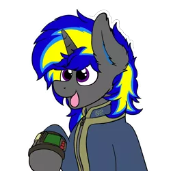 Size: 3000x3000 | Tagged: safe, artist:aaathebap, derpibooru import, oc, oc:rapid shadow, unofficial characters only, unicorn, fallout equestria, clothes, cute, ear fluff, flower, fluffy, happy, image, male, pipboy, png, simple background, smiling, transparent background