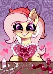 Size: 2500x3500 | Tagged: safe, artist:rrd-artist, derpibooru import, oc, unofficial characters only, earth pony, pony, blushing, bow, glitter, happy, heart, holiday, image, jpeg, not fluttershy, smiling, solo, sparkles, valentine, valentine's day