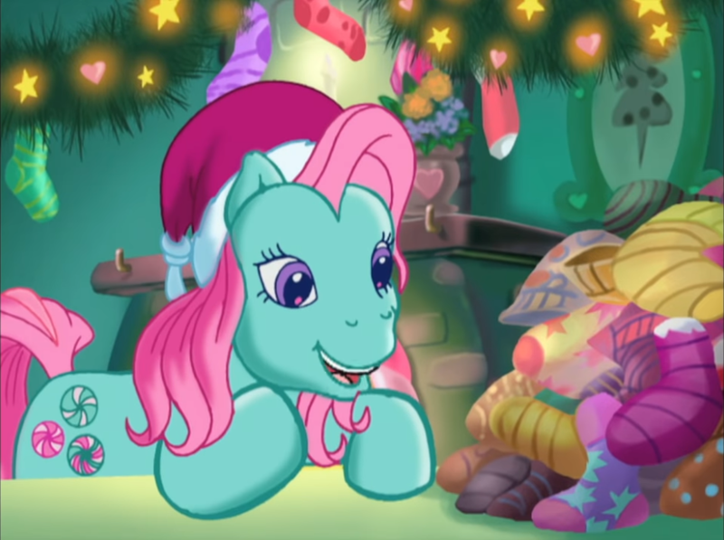 Size: 938x700 | Tagged: safe, derpibooru import, screencap, minty, a very minty christmas, christmas, christmas lights, clothes, cute, fireplace, g3, hasbro is trying to murder us, hat, holiday, image, mintabetes, png, santa hat, smiling, socks, that pony sure does love socks