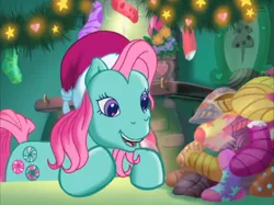 Size: 938x700 | Tagged: safe, derpibooru import, screencap, minty, a very minty christmas, christmas, christmas lights, clothes, cute, fireplace, g3, hasbro is trying to murder us, hat, holiday, image, mintabetes, png, santa hat, smiling, socks, that pony sure does love socks