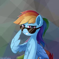 Size: 2000x2000 | Tagged: safe, artist:emeraldgalaxy, derpibooru import, rainbow dash, pegasus, pony, chest fluff, chromatic aberration, ear fluff, female, grin, image, looking at you, mare, png, sitting, smiling, solo, sunglasses, wing hands, wings