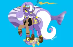 Size: 3045x1970 | Tagged: safe, alternate version, artist:inkynotebook, derpibooru import, oc, oc:aether naut, unofficial characters only, earth pony, pony, airship, bedroom eyes, blue background, choker, clothes, earth pony oc, female, goggles, image, jpeg, mare, raised hoof, signature, simple background, solo