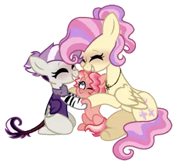 Size: 739x688 | Tagged: safe, artist:gallantserver, derpibooru import, fluttershy, oc, oc:iridescence, oc:žemyna, hybrid, pony, alternate hairstyle, group hug, half-siblings, hug, image, interspecies offspring, magical lesbian spawn, offspring, parent:discord, parent:fluttershy, parent:sunset shimmer, parents:discoshy, parents:sunshyne, png, simple background, transparent background