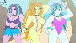 Size: 8016x4552 | Tagged: suggestive, artist:cbear624, derpibooru import, adagio dazzle, aria blaze, sonata dusk, equestria girls, absolute cleavage, belly button, big breasts, bikini, bikini top, breasts, busty adagio dazzle, busty aria blaze, busty sonata dusk, cleavage, clothes, explicit source, female, food, glasses, image, jpeg, looking at you, one-piece swimsuit, popsicle, seductive look, shorts, sling bikini, smiling, swimsuit, the dazzlings, trio, trio female