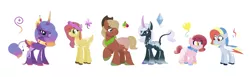 Size: 2568x788 | Tagged: safe, artist:lilaclavender18, artist:selenaede, derpibooru import, applejack, fluttershy, pinkie pie, rainbow dash, rarity, twilight sparkle, twilight sparkle (alicorn), alicorn, bat pony, bat pony alicorn, classical unicorn, deer, deer pony, earth pony, original species, pegasus, pony, unicorn, alternate design, applejack's hat, base used, bat wings, cloven hooves, colored hooves, cowboy hat, cute, cute little fangs, fangs, female, floral head wreath, flower, hat, heterochromia, horn, image, kirin pony hybrid, leonine tail, looking at each other, male, mane six, mare, pale belly, pegasus pinkie pie, png, race swap, rose, short, simple background, stallion, two toned wings, unshorn fetlocks, white background, wings