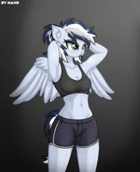 Size: 1630x1999 | Tagged: safe, artist:maxiclouds, derpibooru import, oc, oc:maxi, unofficial characters only, anthro, pegasus, arm behind head, armpits, belly button, black topwear, bra, breasts, cleavage, clothes, dolphin shorts, female, fitness, green eyes, grey fur, image, png, ponytail, shirt, shorts, side slit, solo, solo female, tomboy, two toned bottomwear, two toned bottomwear (black & white), two toned mane, two toned tail, underwear, watermark, wings