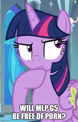 Size: 500x783 | Tagged: suggestive, derpibooru import, edit, edited screencap, editor:twi clown, screencap, twilight sparkle, twilight sparkle (alicorn), alicorn, pony, sparkle's seven, caption, cropped, female, image, image macro, jpeg, mare, naive, pondering, solo, text, thinking