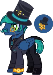 Size: 3500x4996 | Tagged: safe, alternate version, artist:n0kkun, derpibooru import, oc, oc:gold broker, unofficial characters only, pegasus, pony, boots, clothes, facial hair, hat, image, male, monocle, moustache, necktie, pants, png, shirt, shoes, simple background, solo, stallion, suit, top hat, transparent background, vest, watch, wristwatch