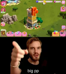 Size: 1920x2160 | Tagged: safe, derpibooru import, screencap, fili-second, pinkie pie, earth pony, pony, big pp, exploitable meme, gameloft, image, jpeg, meme, my little pony game, pewdiepie, power ponies, tower