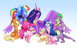 Size: 3776x2395 | Tagged: safe, artist:scarlet-spectrum, derpibooru import, applejack, fluttershy, pinkie pie, princess twilight 2.0, rainbow dash, rarity, spike, twilight sparkle, twilight sparkle (alicorn), alicorn, dragon, earth pony, pegasus, pony, unicorn, the last problem, colored pupils, crown, female, gigachad spike, happy birthday mlp:fim, high res, image, jewelry, large wings, male, mane seven, mane six, mare, mlp fim's tenth anniversary, older, older applejack, older fluttershy, older mane seven, older mane six, older pinkie pie, older rainbow dash, older rarity, older spike, older twilight, png, regalia, sitting, smiling, speedpaint available, spread wings, winged spike, wings