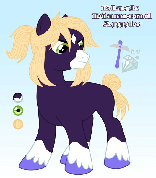 Size: 1715x1948 | Tagged: safe, artist:sir-psych0-s3xy, derpibooru import, oc, oc:black diamond apple, unofficial characters only, earth pony, pony, base used, blaze (coat marking), gradient background, image, jpeg, male, offspring, parent:applejack, parent:trouble shoes, parent:troubleshoes clyde, parents:troublejack, reference sheet, socks (coat marking), solo, stallion, unshorn fetlocks