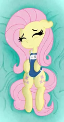 Size: 1024x1921 | Tagged: safe, artist:zemtell, derpibooru import, part of a set, fluttershy, pony, adorable distress, body pillow, clothes, cute, dakimakura cover, eyes closed, female, floppy ears, image, kanji, katakana, lying down, mare, nervous, on back, png, romaji, school swimsuit, shyabetes, solo, swimsuit, wavy mouth