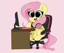 Size: 4096x3413 | Tagged: safe, artist:kittyrosie, derpibooru import, fluttershy, pegasus, pony, blushing, chair, computer, cute, desk, female, gamershy, headphones, headset, image, jpeg, keyboard, mare, monitor, open mouth, pink background, pusheen, shyabetes, simple background, sitting, smiling, solo