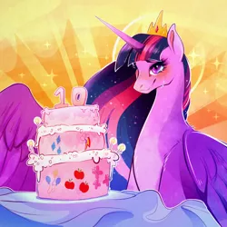 Size: 1500x1500 | Tagged: safe, artist:pumpkabooo, derpibooru import, princess twilight 2.0, twilight sparkle, twilight sparkle (alicorn), alicorn, pony, the last problem, blushing, cake, crown, crying, cutie mark, female, food, goddess, halo, happy birthday mlp:fim, image, jewelry, mare, mlp fim's tenth anniversary, older, older twilight, png, regalia, smiling, solo