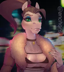 Size: 800x894 | Tagged: suggestive, artist:oneofyouare, derpibooru import, oc, oc:erra, unofficial characters only, anthro, horse, pony, breasts, choker, clavicle, clothes, coat, ear piercing, eyeshadow, female, fishnet clothing, fur collar, image, jpeg, lip piercing, makeup, mare, mascara, nail polish, nose piercing, piercing