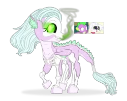 Size: 1451x1153 | Tagged: safe, artist:unoriginai, derpibooru import, skellinore, spike, dragon, hybrid, lich, undead, the break up breakdown, bone, cute, dragon bones, female, image, interspecies offspring, male, offspring, parents:dragon bones, parent:skellinore, parent:spike, png, screencap reference, shipping, simple background, skeleton, straight, things breeding that should not breed, transparent background