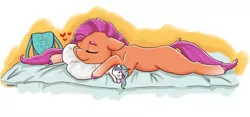 Size: 3000x1401 | Tagged: safe, artist:ratann, derpibooru import, princess celestia, sunny starscout, earth pony, pony, bed, eyes closed, female, floppy ears, g5, heart, image, jpeg, mare, pillow, signature, sleeping, solo, toy