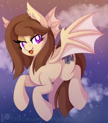 Size: 2066x2353 | Tagged: safe, artist:pearlyiridescence, derpibooru import, oc, oc:midnight cakepowder, unofficial characters only, bat pony, pony, cloud, dusk, ear fluff, fangs, female, flying, image, mare, open mouth, png, smiling, solo, spread wings, stars, wings