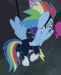 Size: 676x828 | Tagged: safe, derpibooru import, screencap, fili-second, pinkie pie, rainbow dash, zapp, earth pony, pegasus, pony, power ponies (episode), butt, clothes, cropped, duo, duo female, female, image, jpeg, plot, power ponies