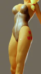 Size: 1080x1920 | Tagged: suggestive, artist:melvelvin, derpibooru import, applejack, anthro, unguligrade anthro, 3d, applebucking thighs, breasts, bunny suit, busty applejack, clothes, female, image, leaning back, leather, leotard, no tail, png, solo, solo female, standing, zipper