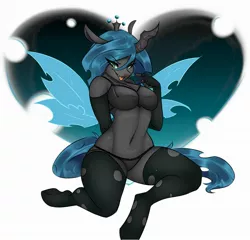 Size: 2114x2031 | Tagged: suggestive, artist:kennzeichen, derpibooru import, queen chrysalis, anthro, changeling, changeling queen, unguligrade anthro, belly button, black underwear, bra, breasts, busty queen chrysalis, clothes, evening gloves, female, fingerless gloves, gloves, image, jpeg, lidded eyes, long gloves, looking at you, panties, reversalis, smiling, socks, solo, solo female, stockings, thigh highs, thighs, thunder thighs, tongue out, underwear