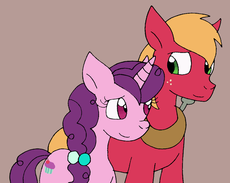 Size: 927x737 | Tagged: safe, artist:cmara, derpibooru import, big macintosh, sugar belle, earth pony, pony, unicorn, brown background, female, freckles, image, looking at each other, male, mare, png, shipping, simple background, stallion, straight, sugarmac