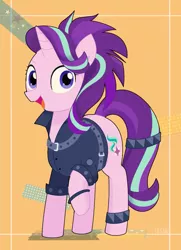 Size: 871x1200 | Tagged: safe, artist:ch-chau, derpibooru import, starlight glimmer, pony, unicorn, alternate hairstyle, clothes, edgelight glimmer, female, gameloft, image, jacket, jpeg, looking at you, mare, open mouth, punk, raised hoof, smiling, solo
