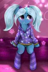 Size: 2456x3684 | Tagged: safe, artist:darksly, derpibooru import, trixie, pony, unicorn, alternate hairstyle, babysitter trixie, candy, clothes, cute, diatrixes, female, food, gameloft, gameloft interpretation, hoodie, image, jpeg, lollipop, mare, mouth hold, pigtails, sitting, socks, solo, striped socks